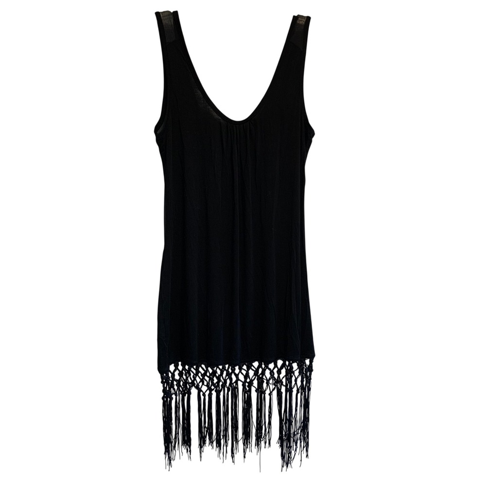 Venus Fringe Tank Top Medium Black Macrame Boho Coverup Festival Edgy Witchy